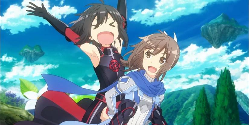 The two friends, Maple and Risa from Bofuri are playing around, and Risa gives Maple a piggyback ride