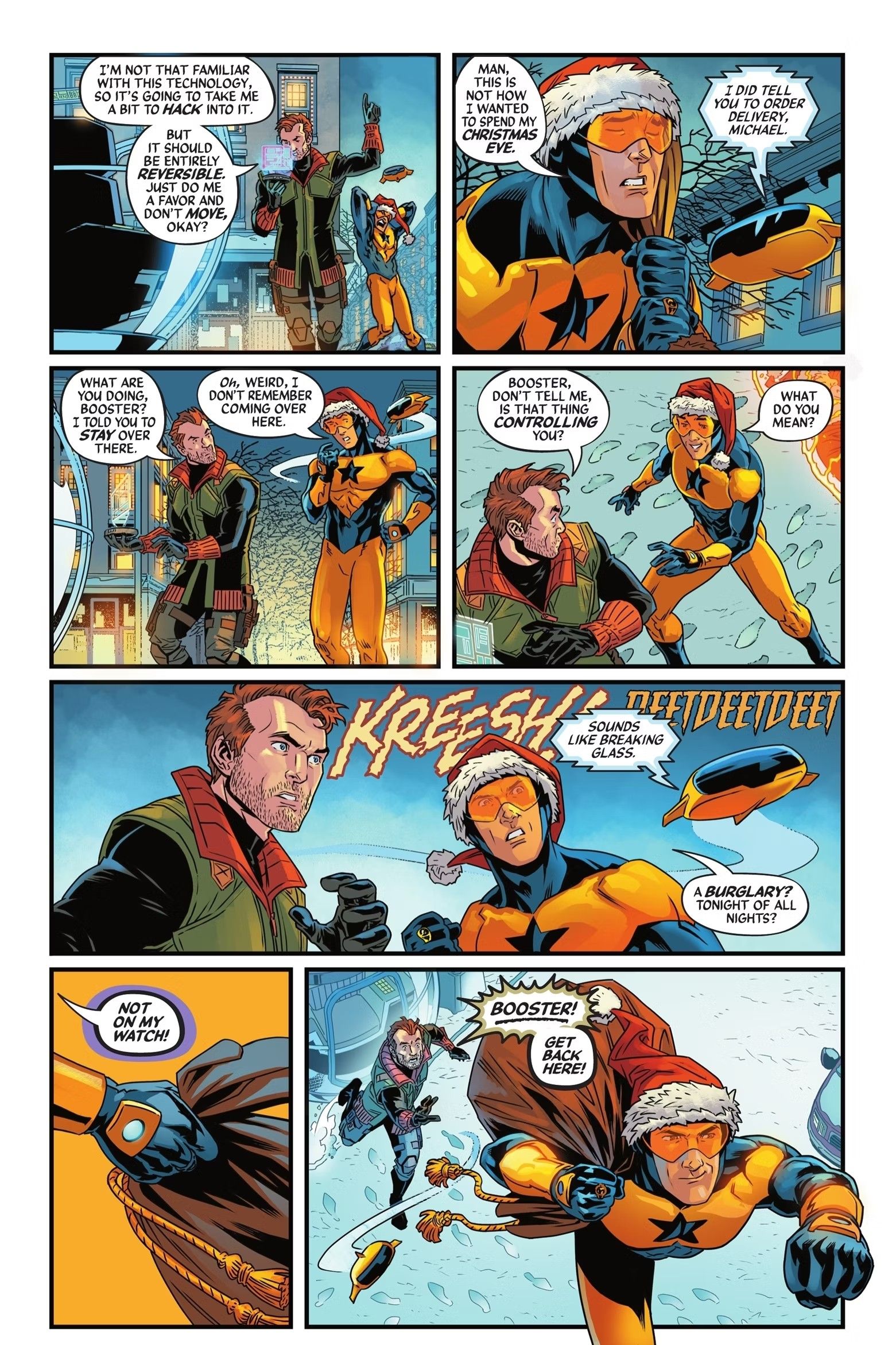 booster gold becomes santa claus flying away in the snow