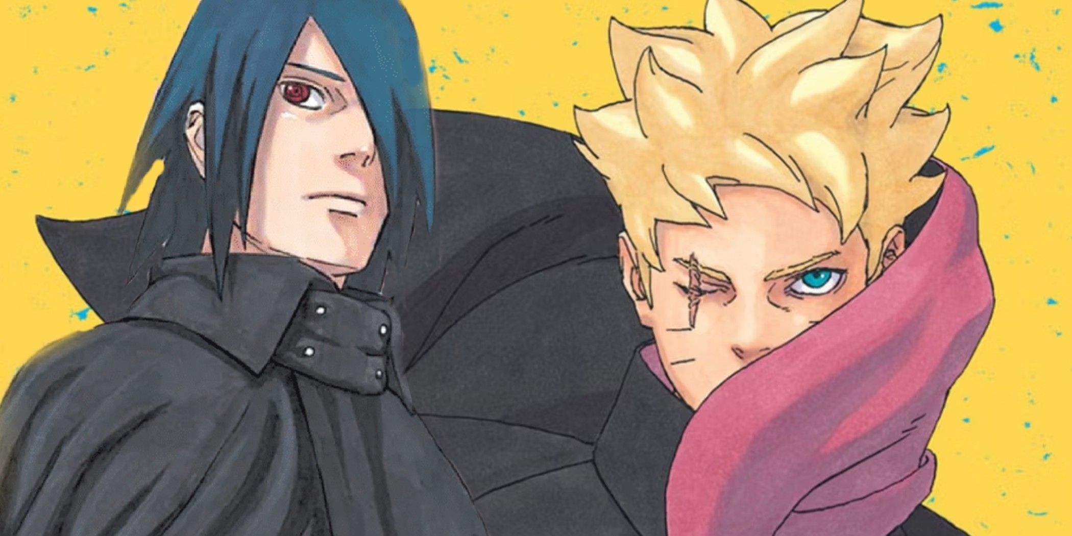 Imagem do Boruto adulto na capa do mangá e uma versão colorida do mangá do Sasuke adulto na frente