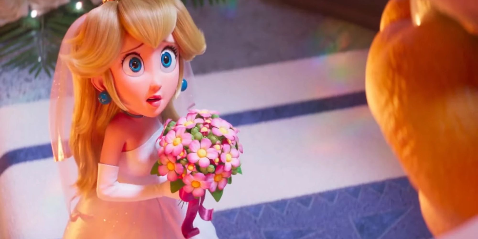 Peach holding a bouquet in The Super Mario Bros. Movie.