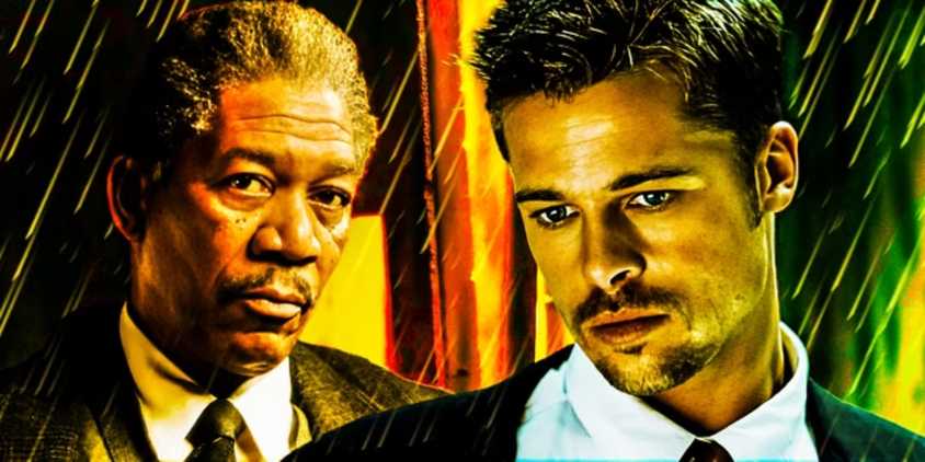 Morgan Freeman and Brad Pitt in Se7en (Seven) with rain
