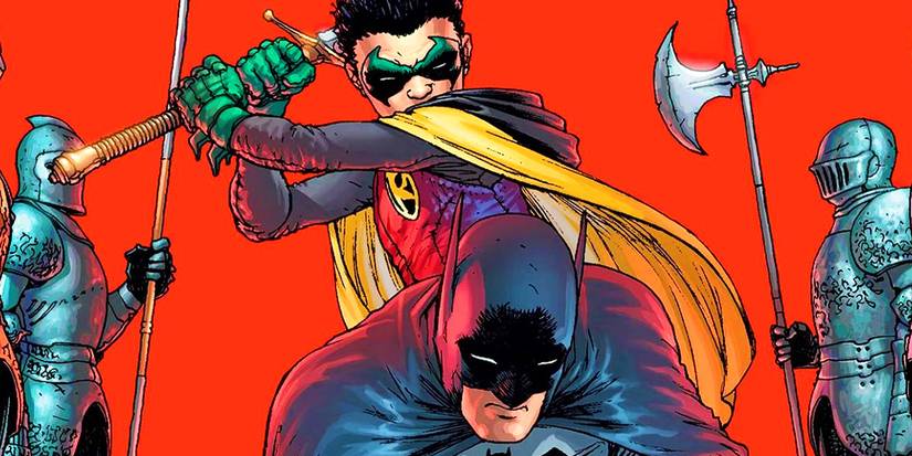 Bruce and Damian Wayne in The Brave and the Bold promo comic book art with Damian aiming a sword at Batman