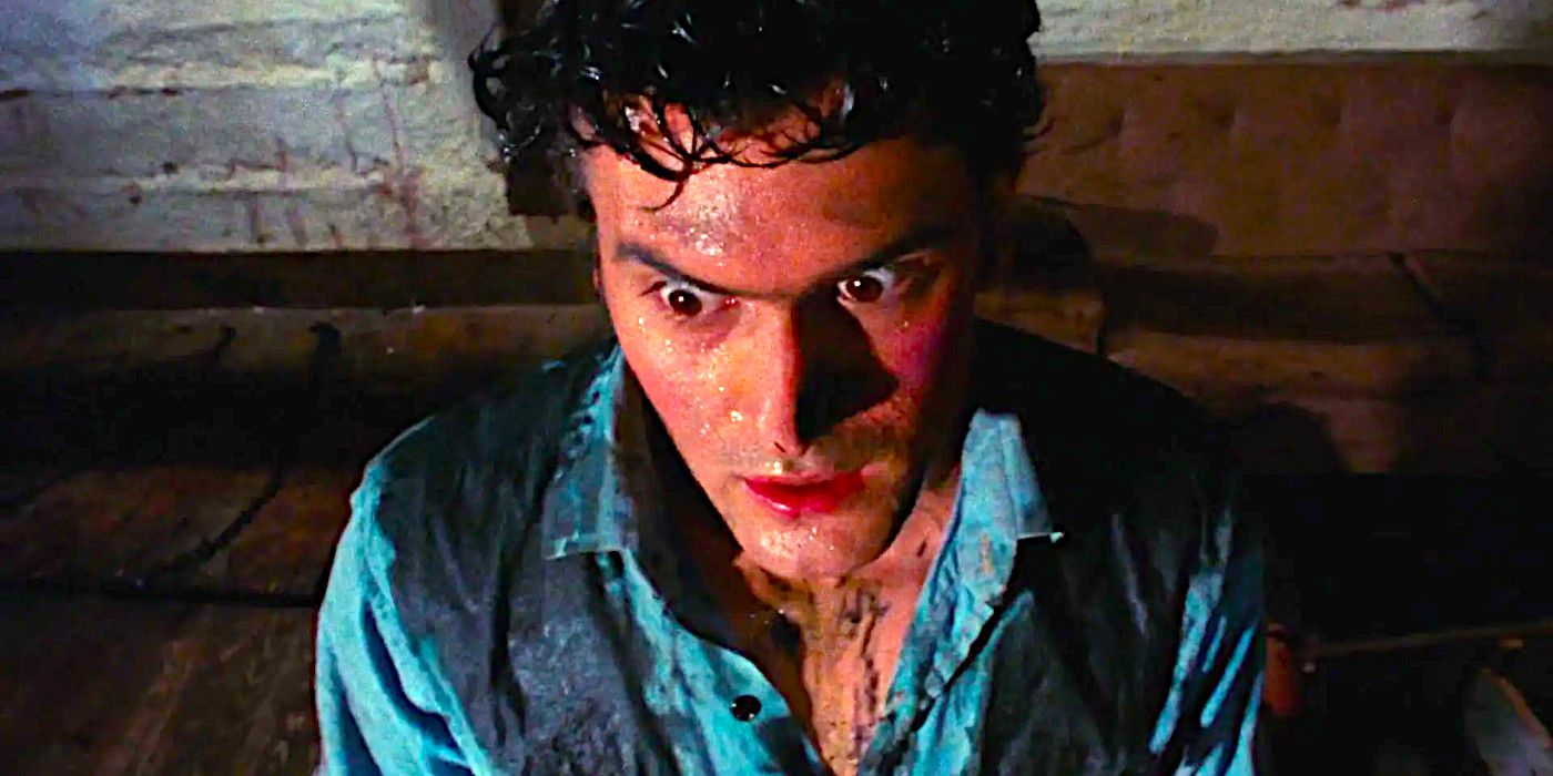 Bruce Campbell staring wild-eyed in The Evil Dead