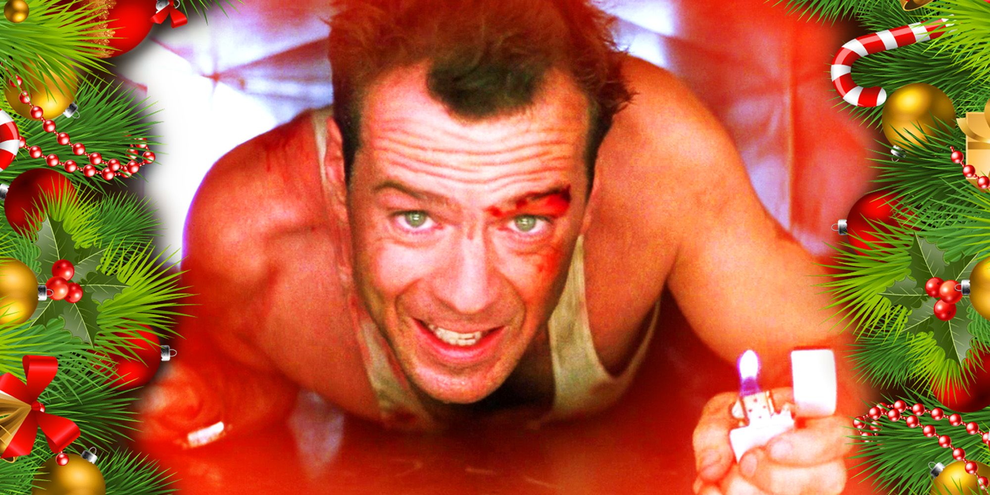 Bruce Willis as John McClane crawling in Die Hard with Christmas decorations