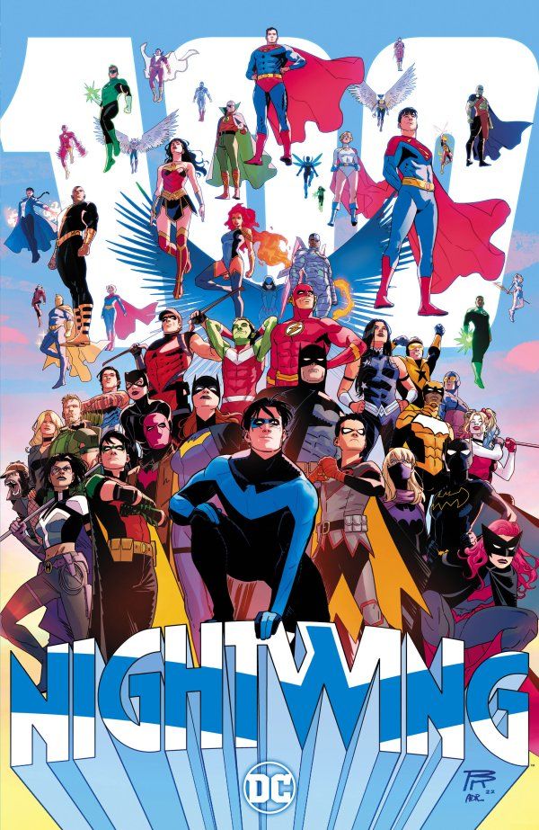 Bruno Redondo Nightwing #100 cover, featuring many DC heroes