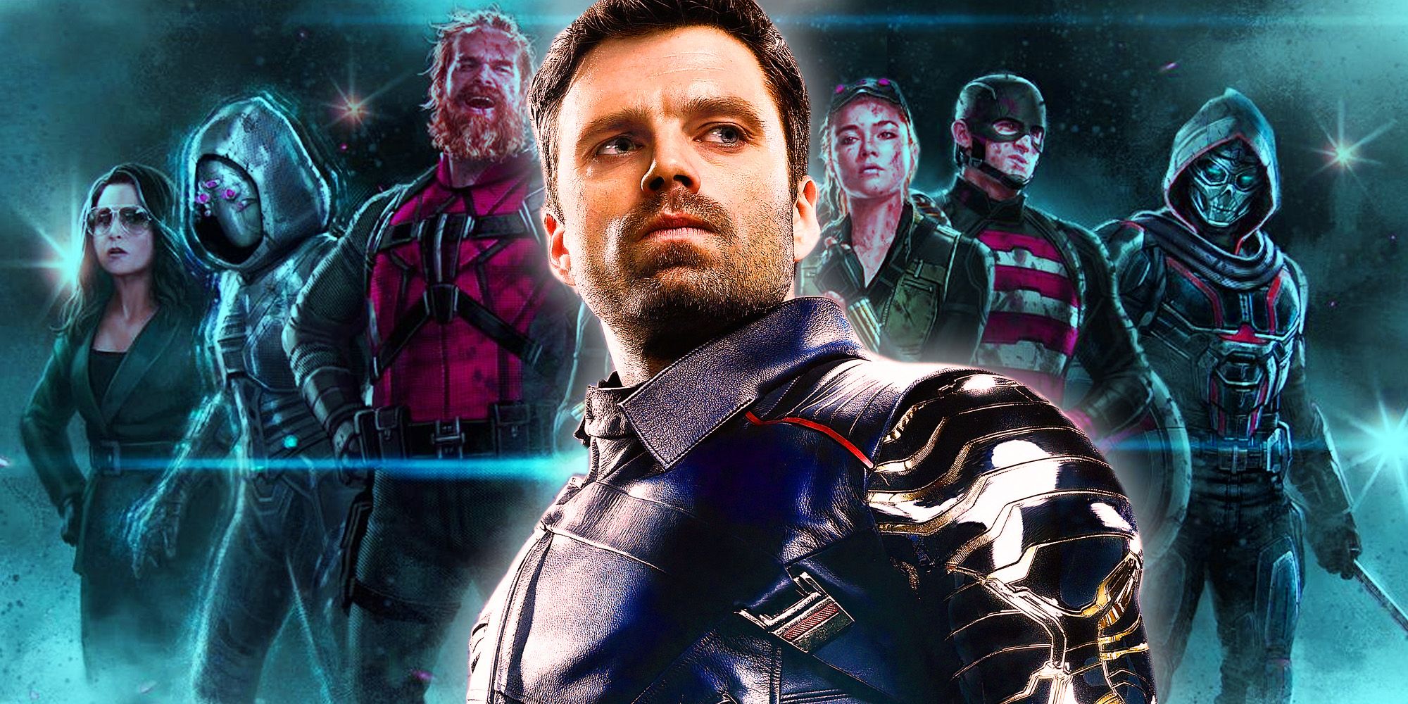Bucky Barnes Striking A Pose Composite With Thunderbolts Movie Team Concept Art