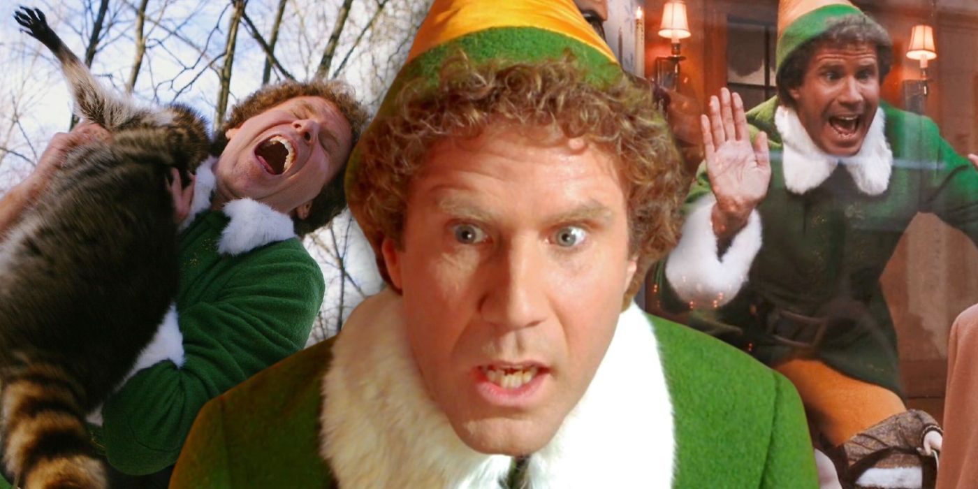 A collage of three images of Will Ferrell as Buddy in Elf.