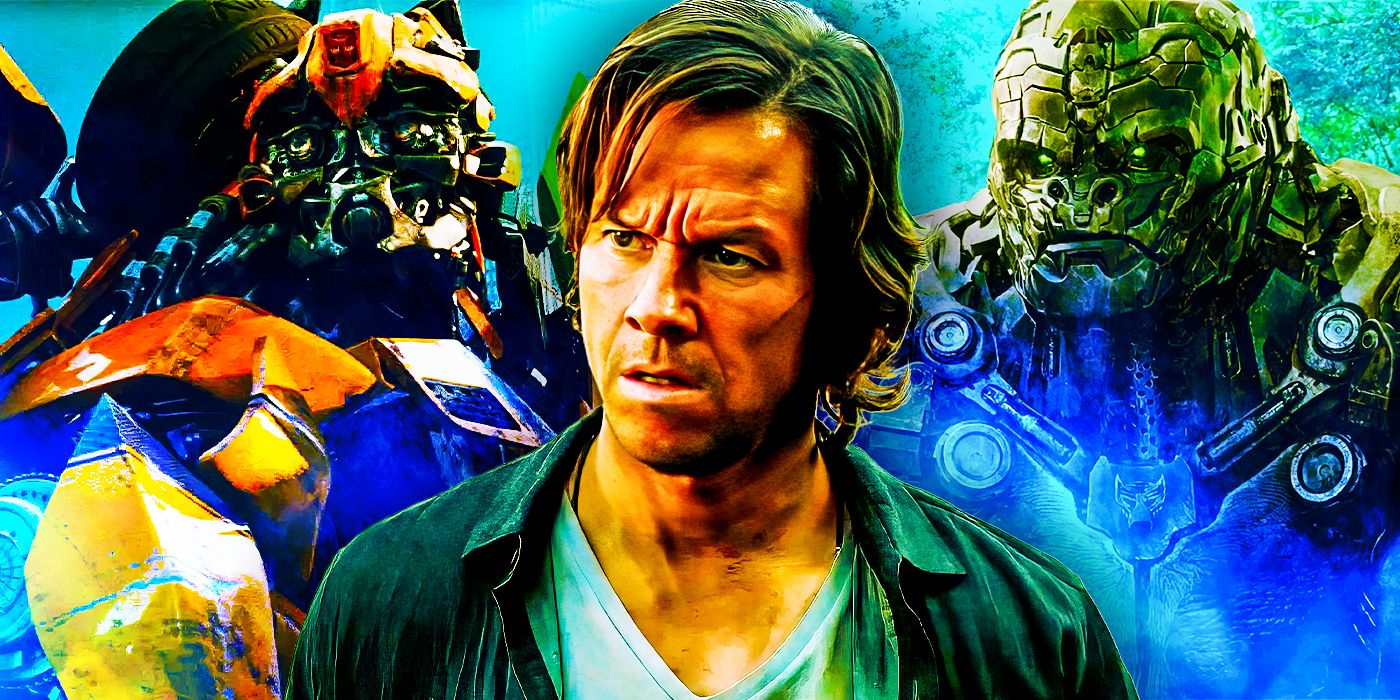 Bumblebee, Mark Wahlberg as Cade Yeager, and Optimus Primal from the Transformers movie franchise