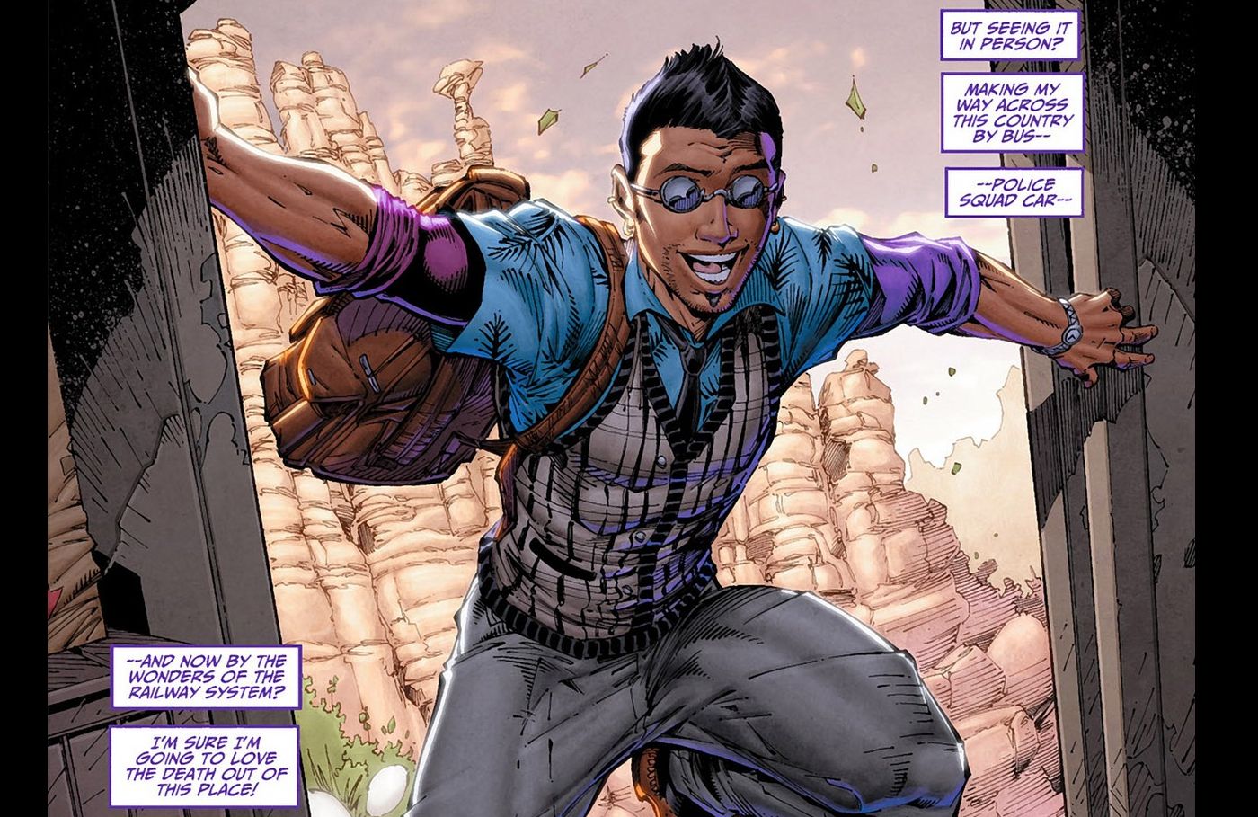Comic book panel: Bunker's 2011 debut shows him excited to arrive in America after hopping aboard a train.