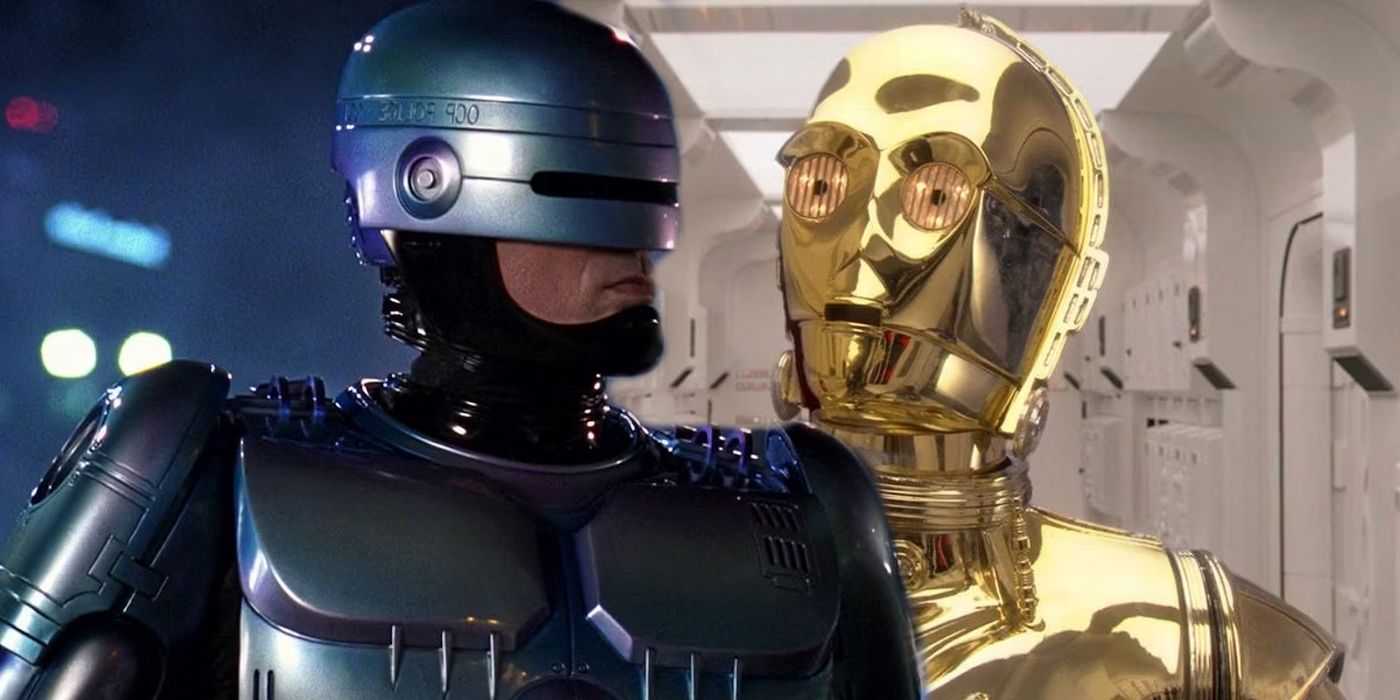 Robocop standing outside next to C-3PO in a spaceship in Star Wars Episode 4 A New Hope.
