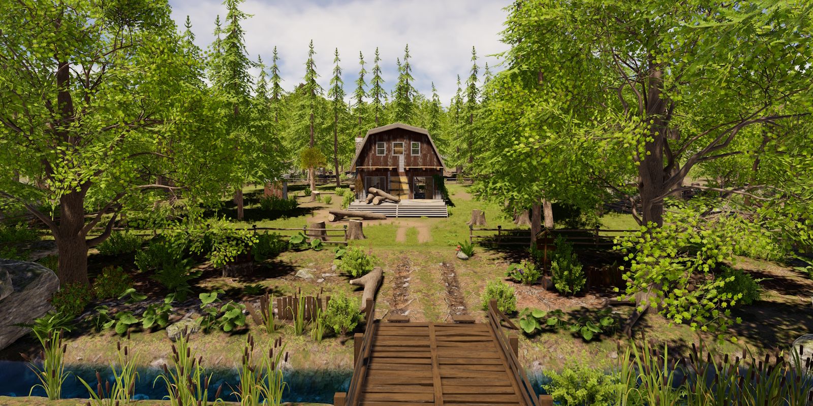 Cabin In The Woods in House Flipper 2 surrounded by lush green trees.