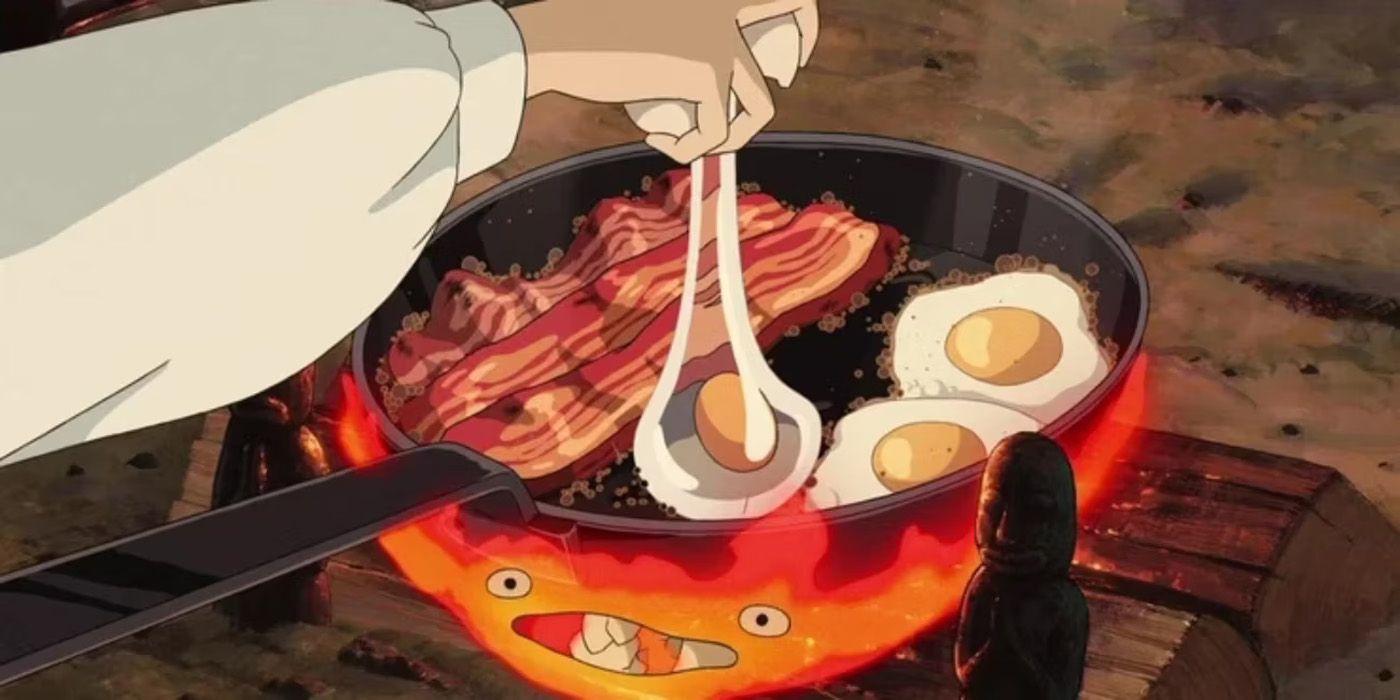 Calcifer burning bacon in Howl's Moving Castle.