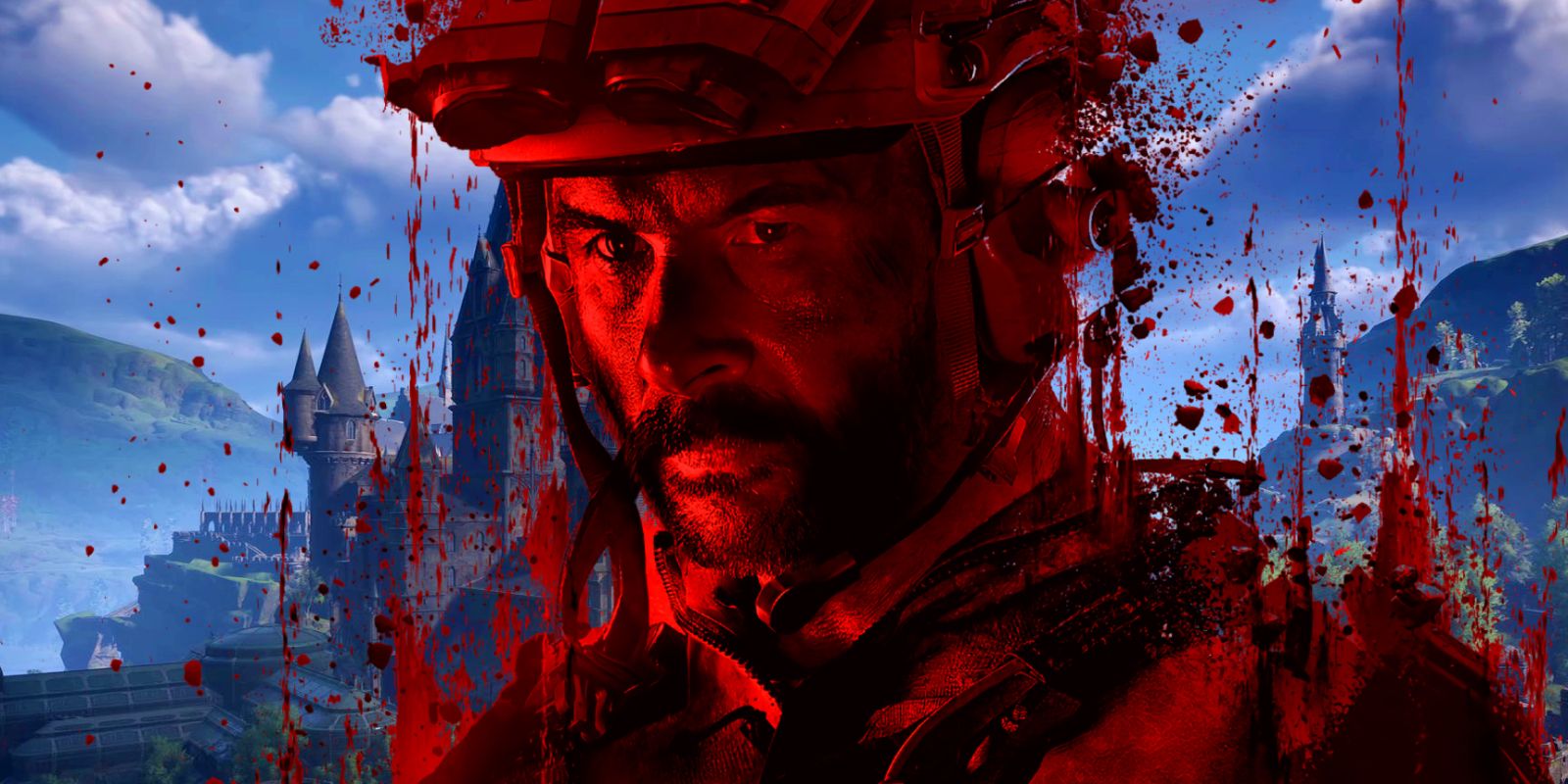 Captain Price, a soldier from Call of Duty: Modern Warfare 3, bathed in red light, obscuring a screenshot of the castle in Hogwarts Legacy. All around Price are red spot that look like blood, some trailing up the image.