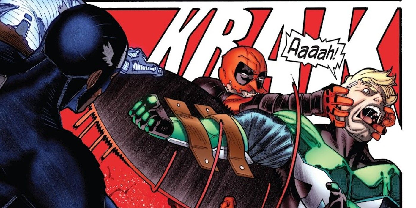 Deadpool in Uncanny Avengers #5, Captain America throws Deadpool at Captain Krakoa