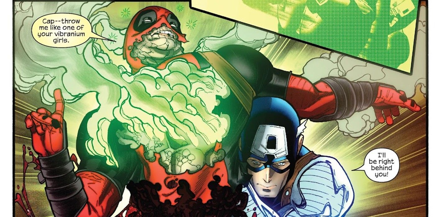 Deadpool in Uncanny Avengers #5, Captain America uses Deadpool as a shield