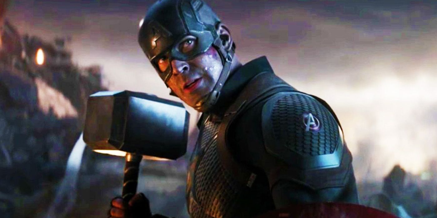 Captain America wielding Mjolnir in Avengers Endgame