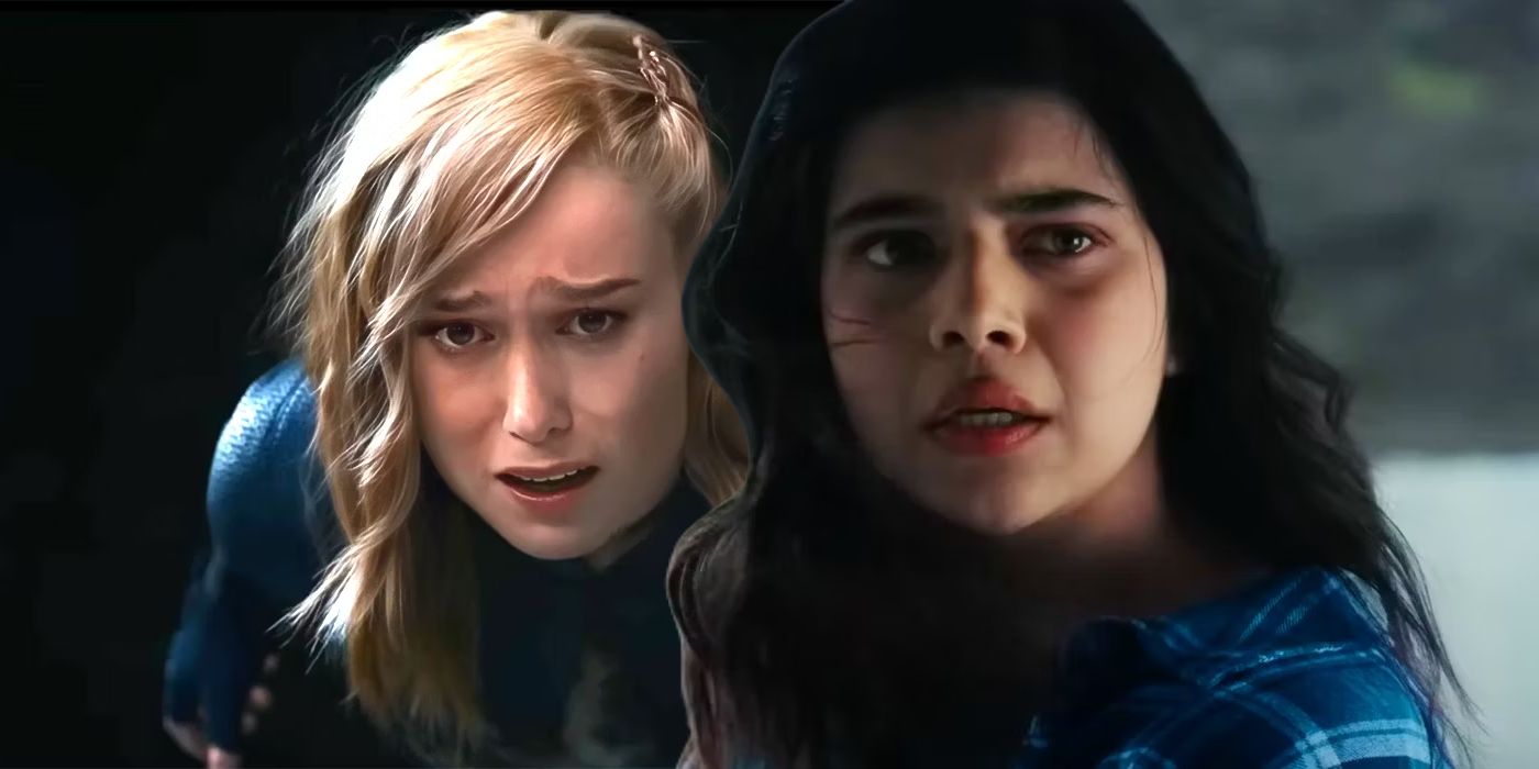 Captain Marvel (Brie Larson) and Ms Marvel (Iman Vellani) look concerned and tired in The Marvels 2023