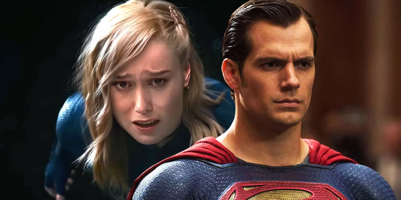 Split image of Carol Danvers (Brie Larson) and Superman (Henry Cavill) looking tired and concerned