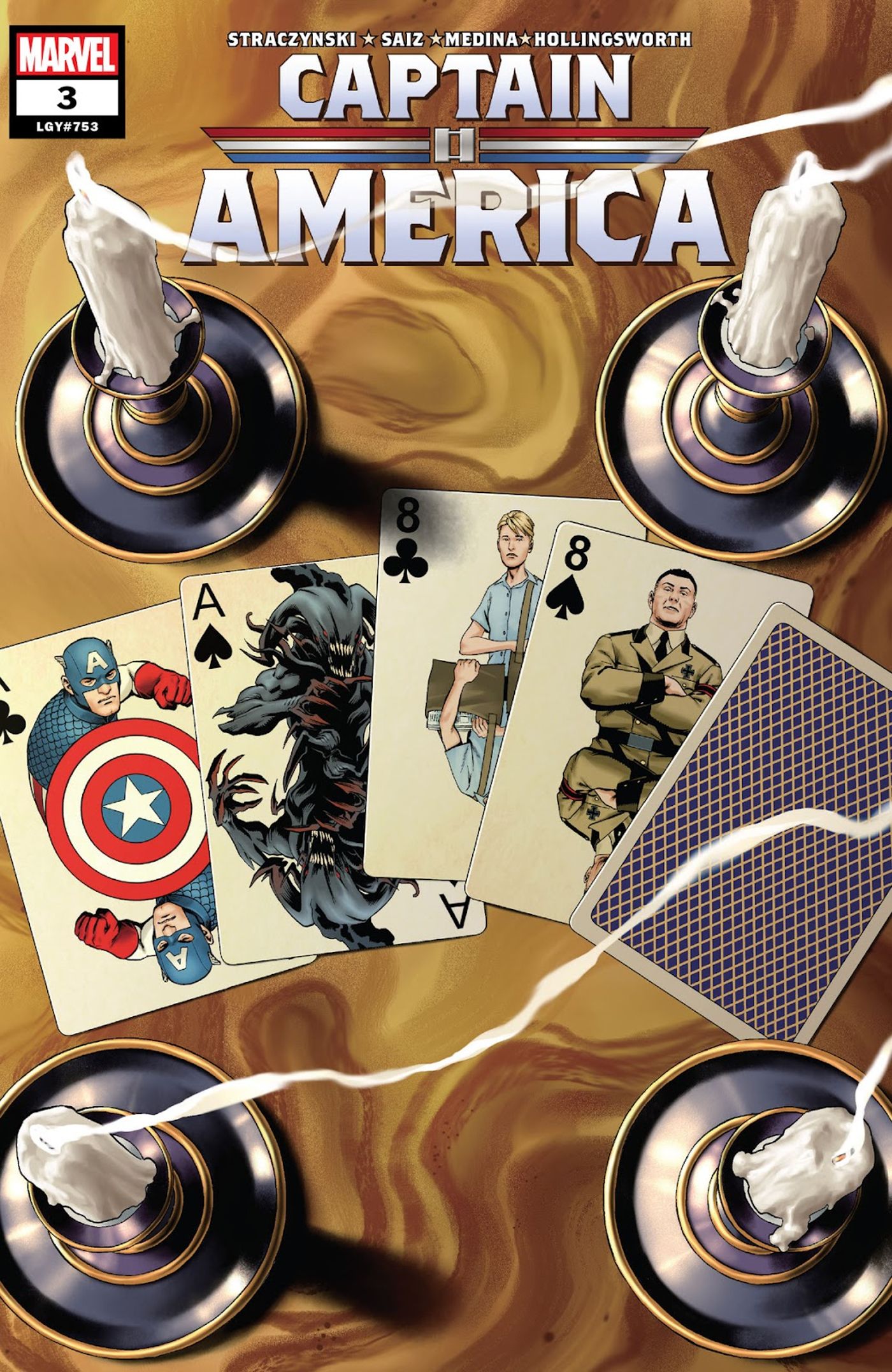 Main cover for Captain America #3 showing playing cards of Captain America, young Steve Rogers, and others. 