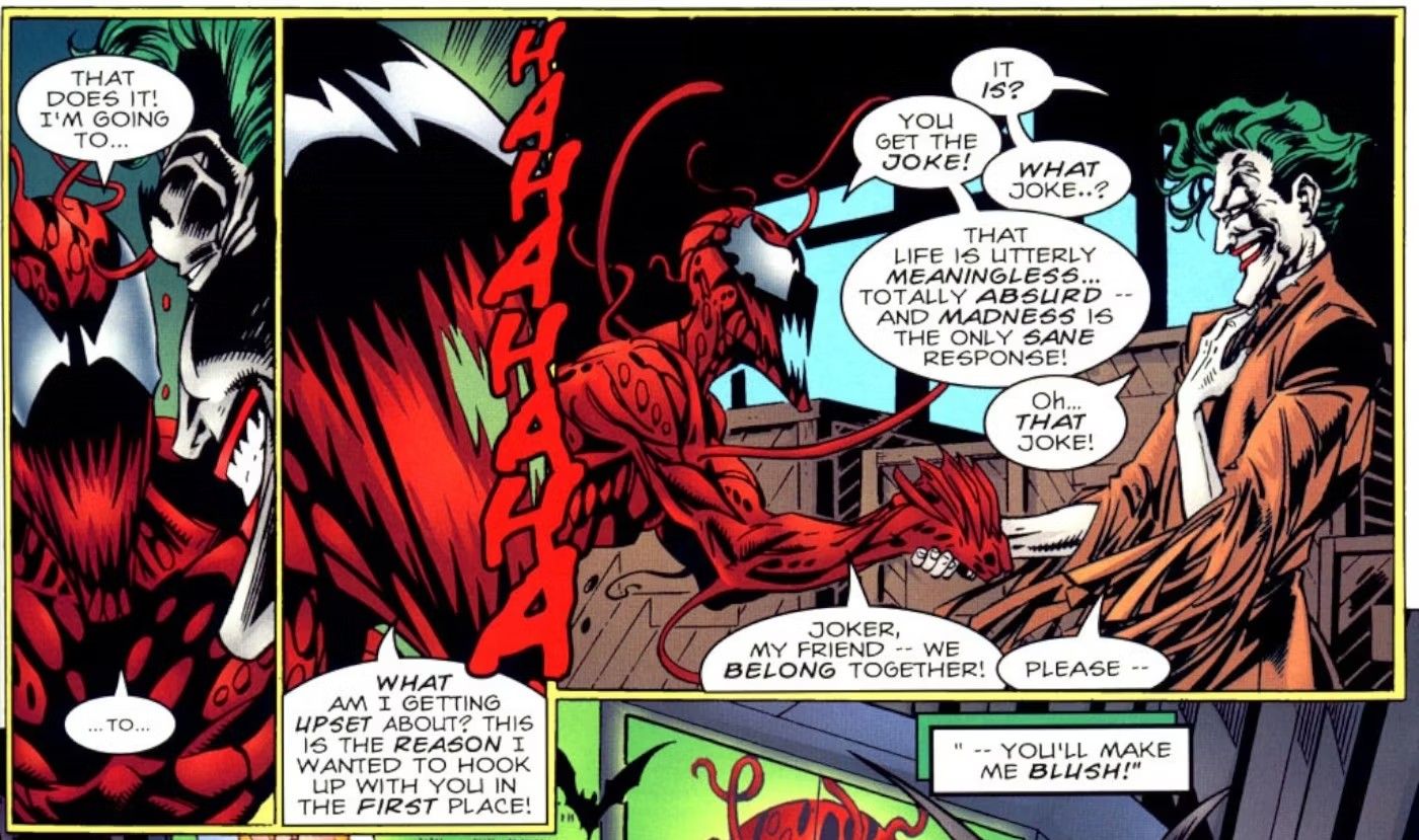 Comic book panels: Carnage and the Joker shake hands.