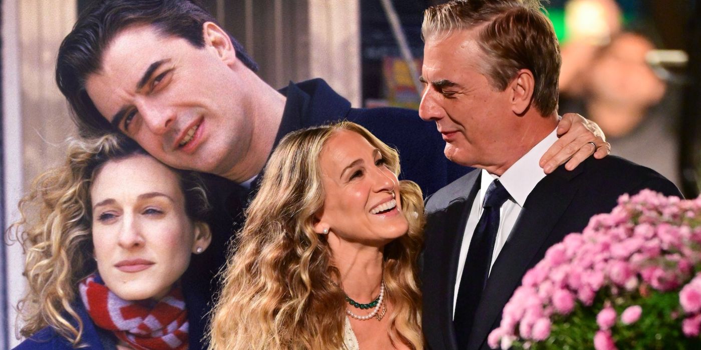 Carrie (Sarah Jessica Parker) and Mr. Big (Chris Noth) in Sex and the City season 1 next to the couple in And Just Like That