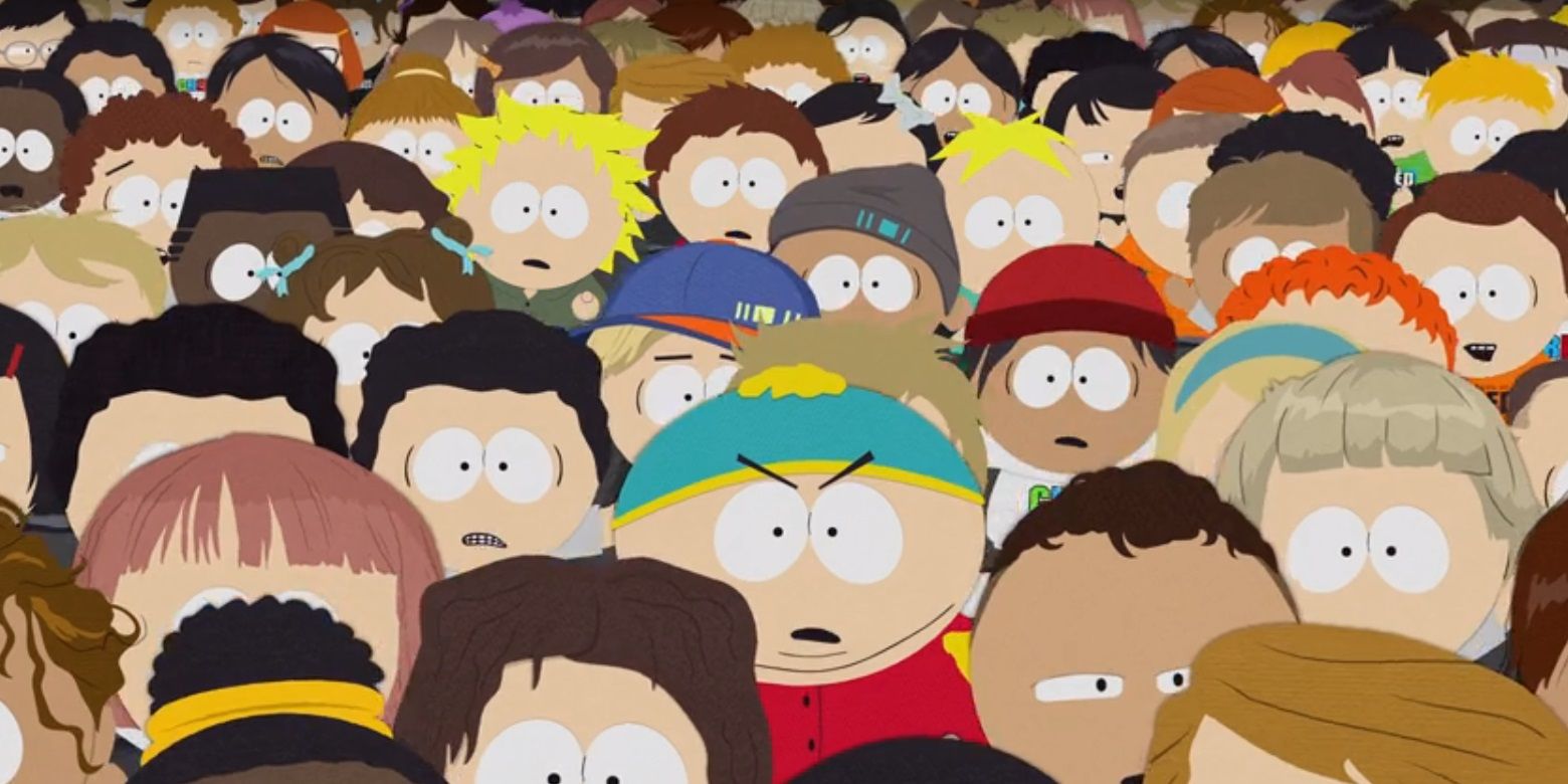 Cartman di tengah kerumunan di CVS di South Park Tidak Cocok untuk Anak-Anak