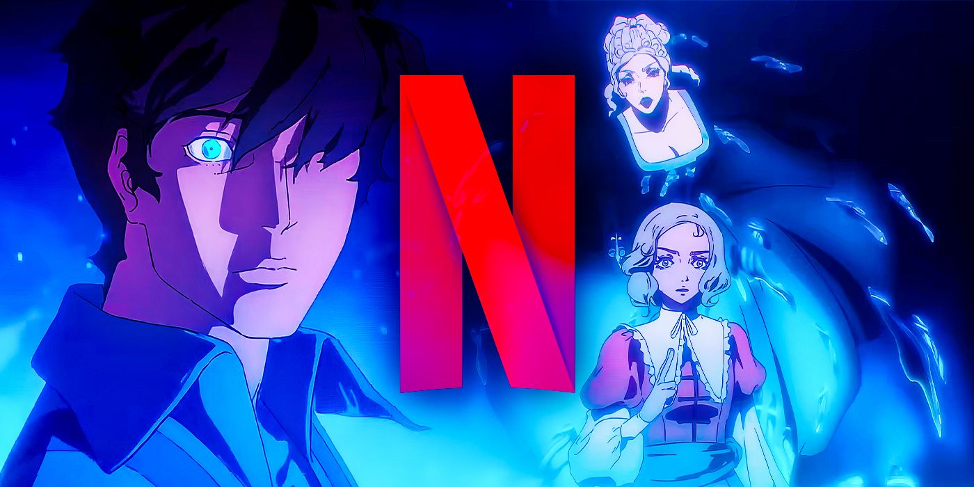 Richter, Tera, and Maria from Castlevania Nocturne in front of a custom background with the Netflix logo