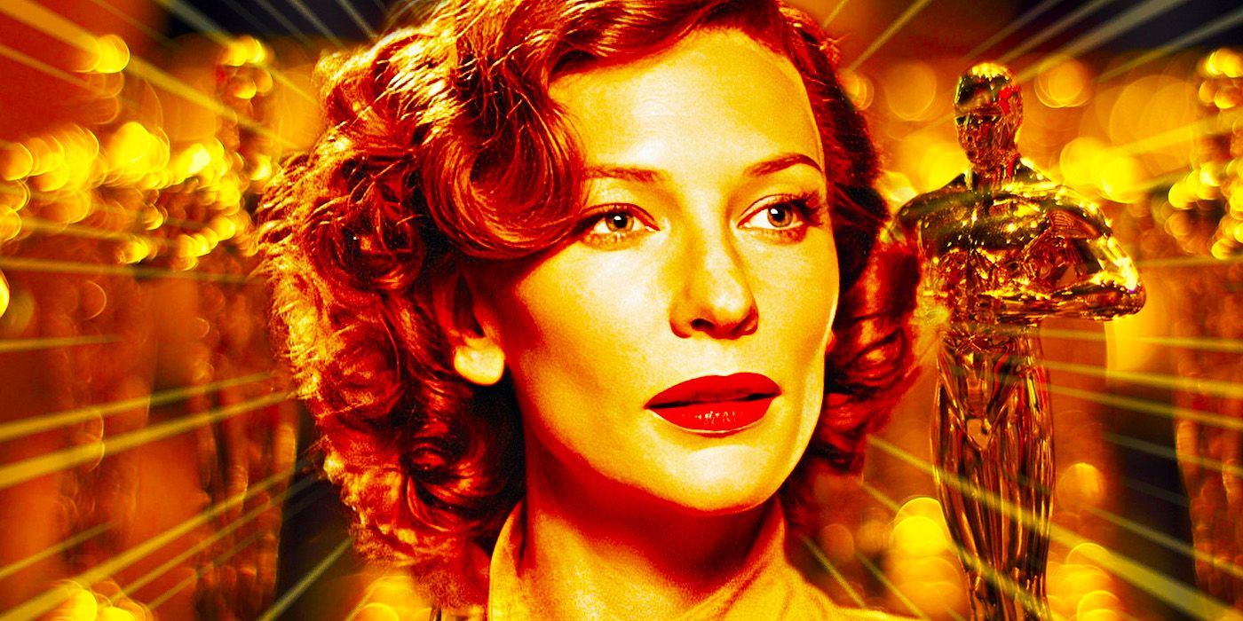 A gold-toned image of Cate Blanchett as Katharine Hepburn in The Aviator layered over an image of Oscar statues.