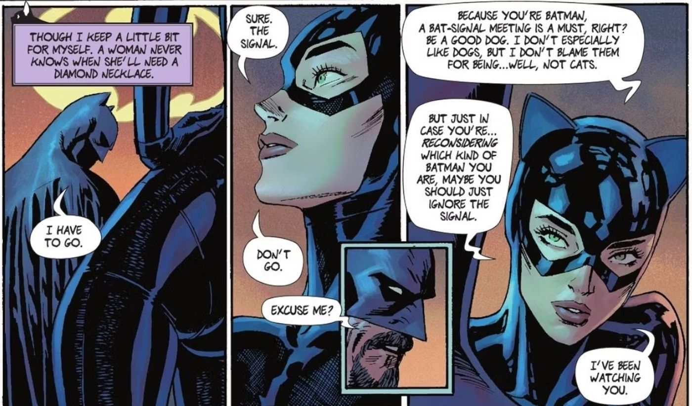 Comic book panels: Costumed superheroes (Batman and Catwoman) speak to each other.
