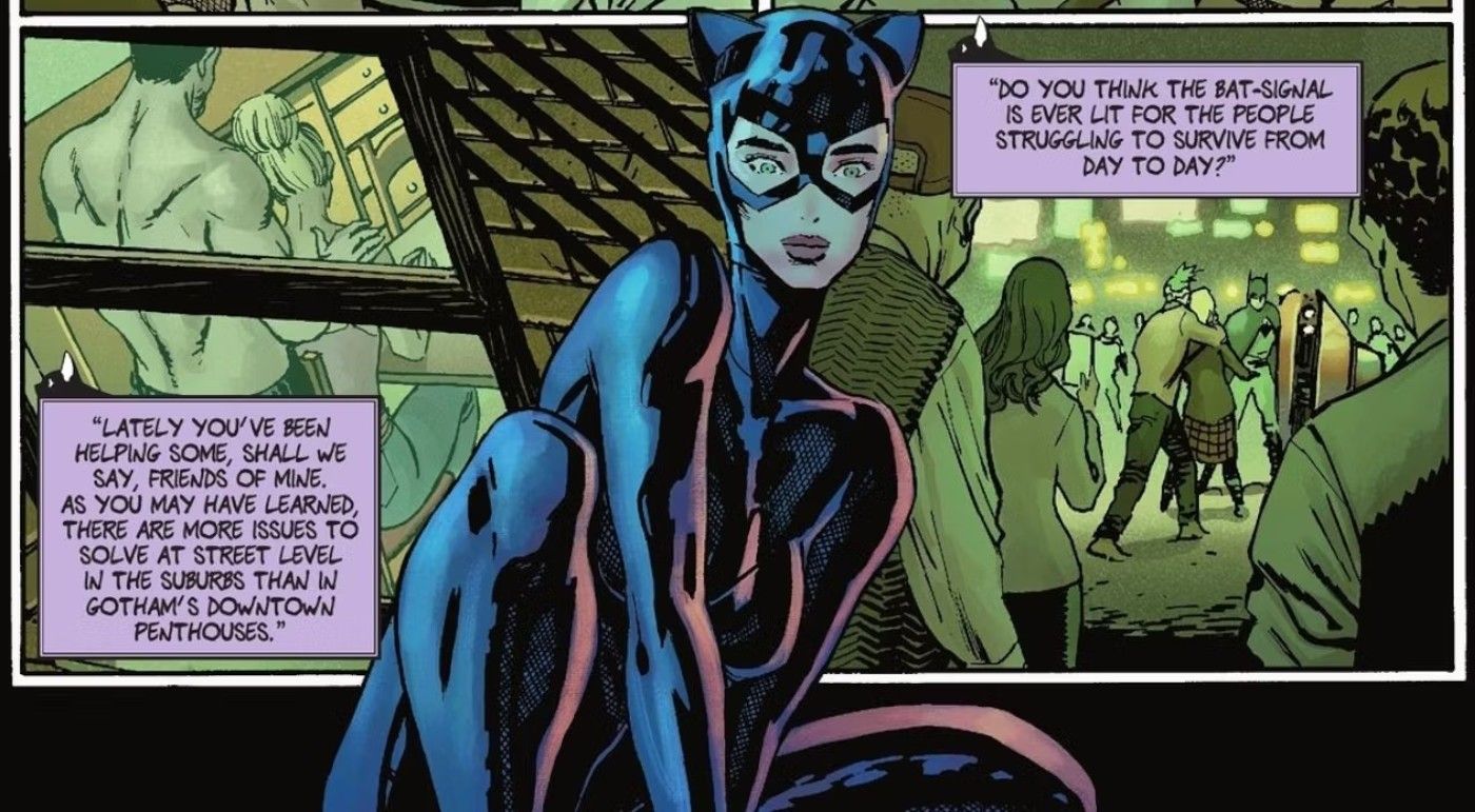 Comic book panels: A woman in a black catsuit (Catwoman) looks into a window and over a crowd.