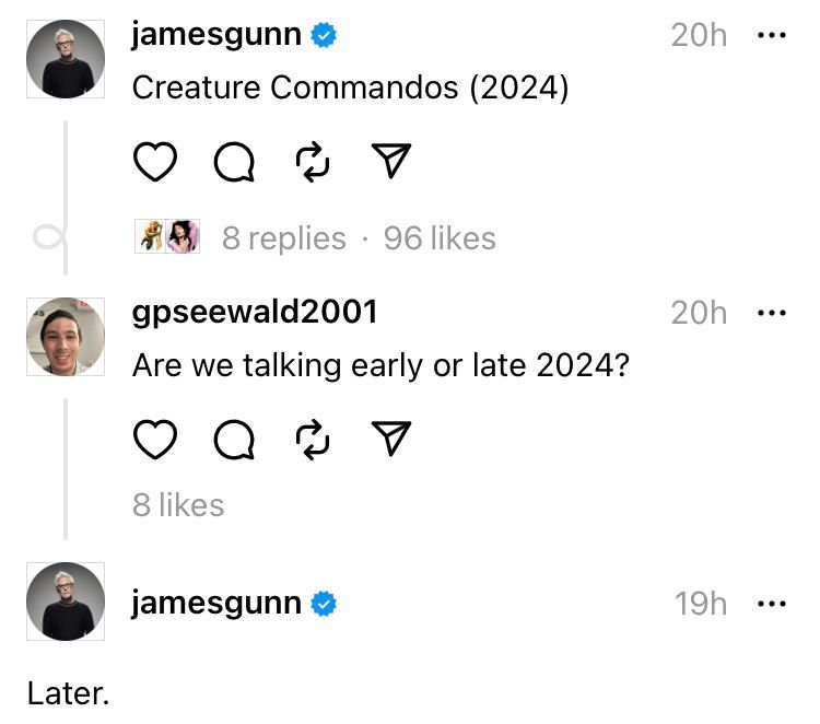 On Threads, James Gunn reveals that Creature Commandos debuts in Late 2024