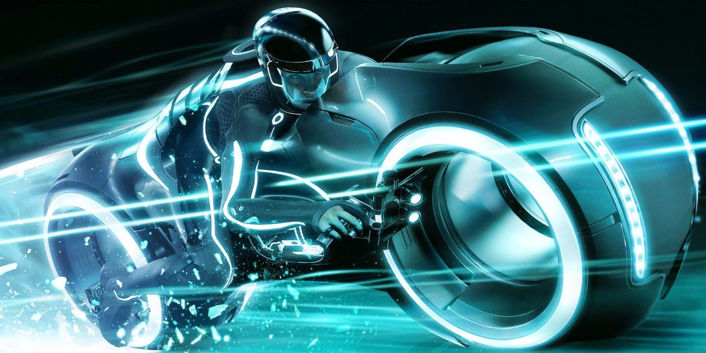 Character riding a bike in Tron Legacy