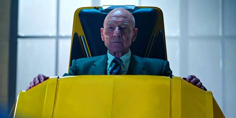 Patrick Stewart's Charles Xavier from Earth-838 in his hovering yellow chair in Doctor Strange 2