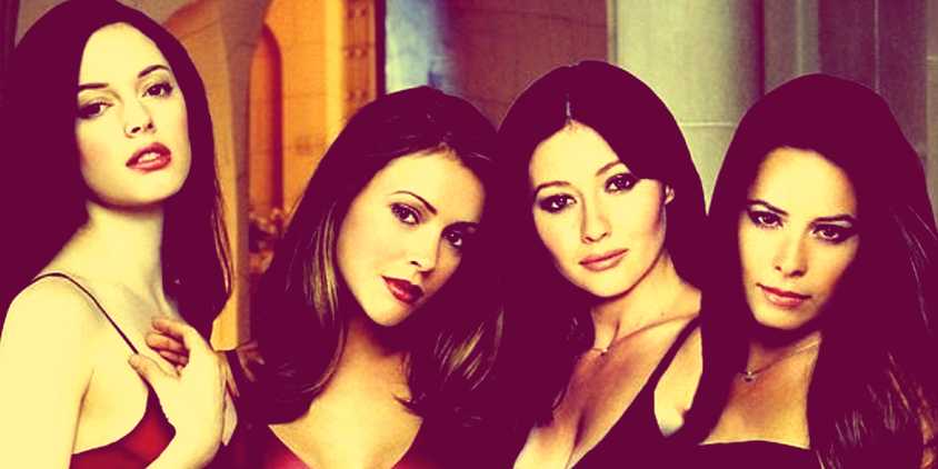 All four Halliwell sisters – Paige, Phoebe, Prue, and Piper – pose in a promo for Charmed.
