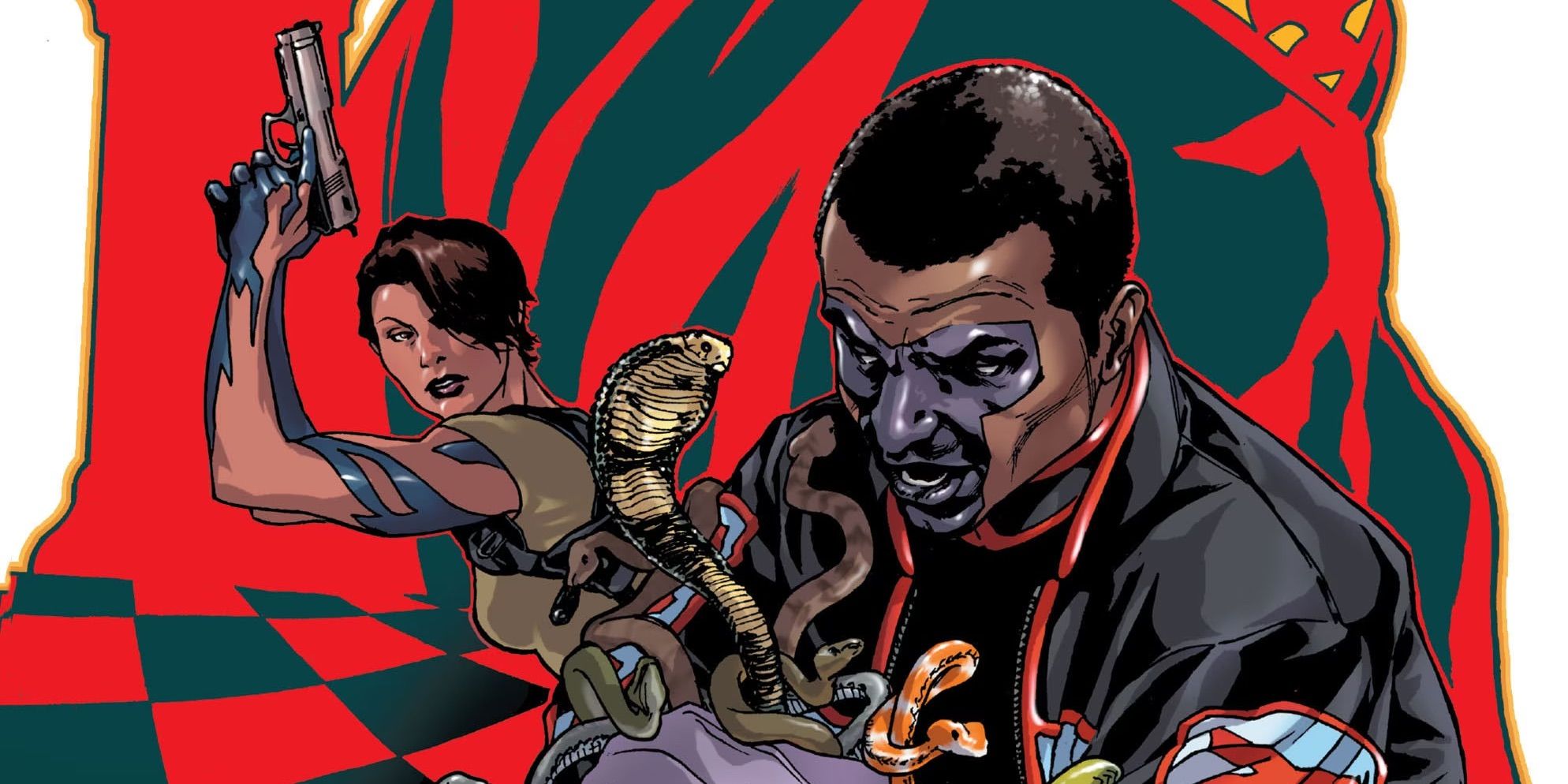 Checkmate members Sasha Bordeaux holds a gun and Mr. Terrific holds snakes
