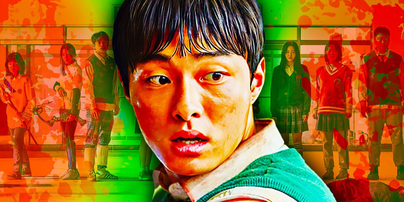 Uma imagem personalizada com Cheong-san na frente de outros personagens de All of Us Are Dead