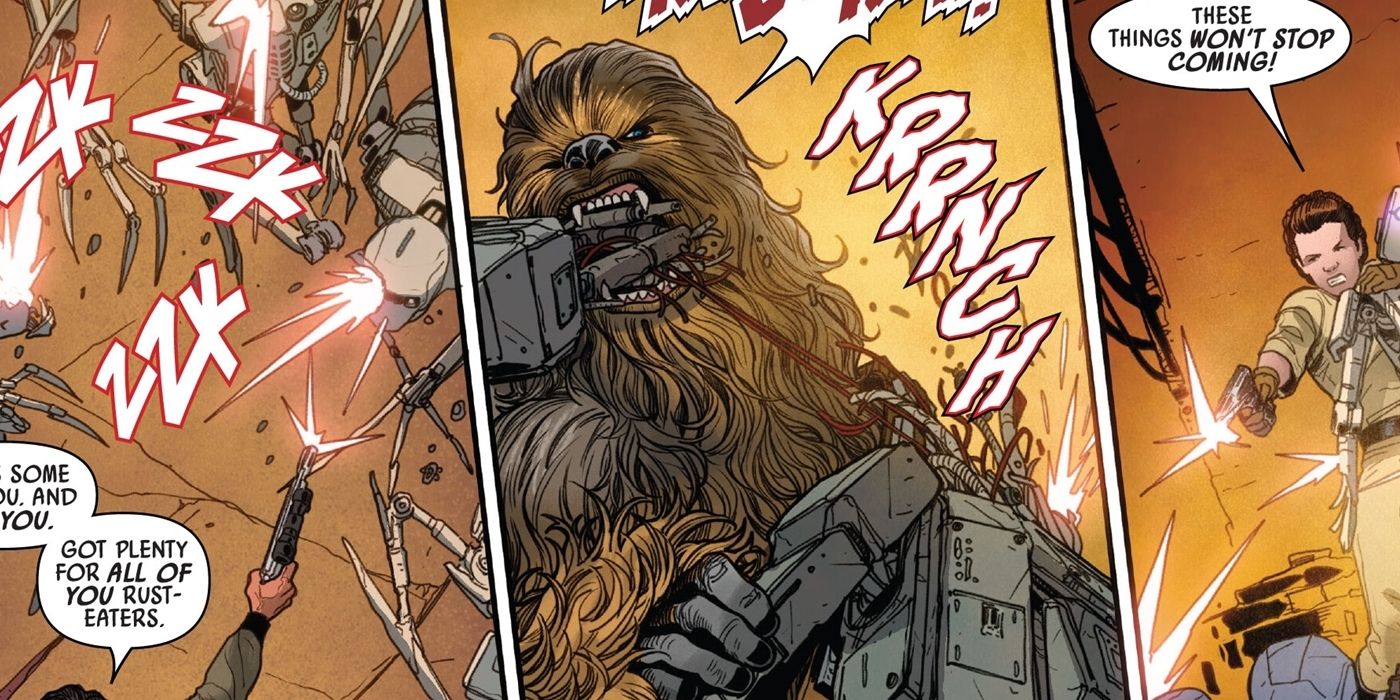 Chewbacca biting the head off a droid.