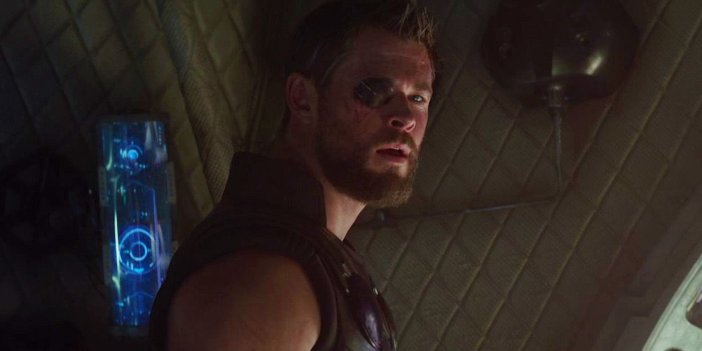 Thor de Chris Hemsworth falando com os Guardiões da Galáxia em Vingadores: Guerra Infinita