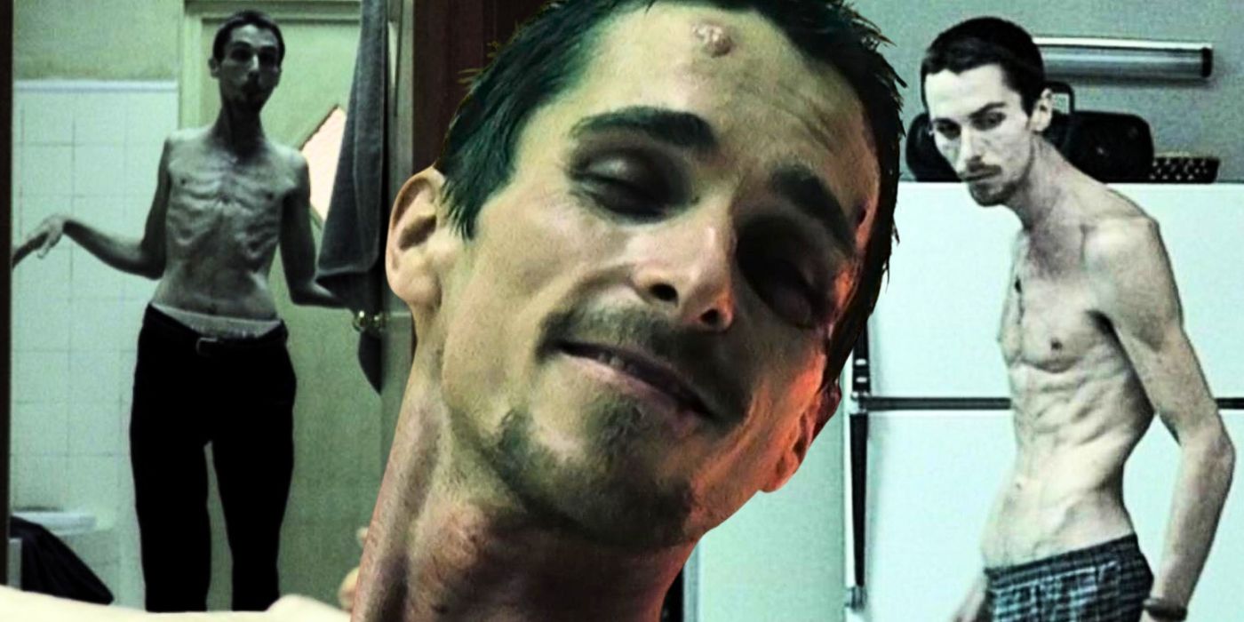 A collage of 3 images of Christian Bale in 2004's The Machinist
