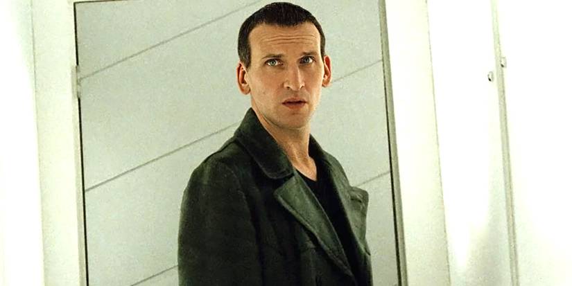 Christopher Eccleston as the Ninth Doctor looking concerned in Doctor Who.