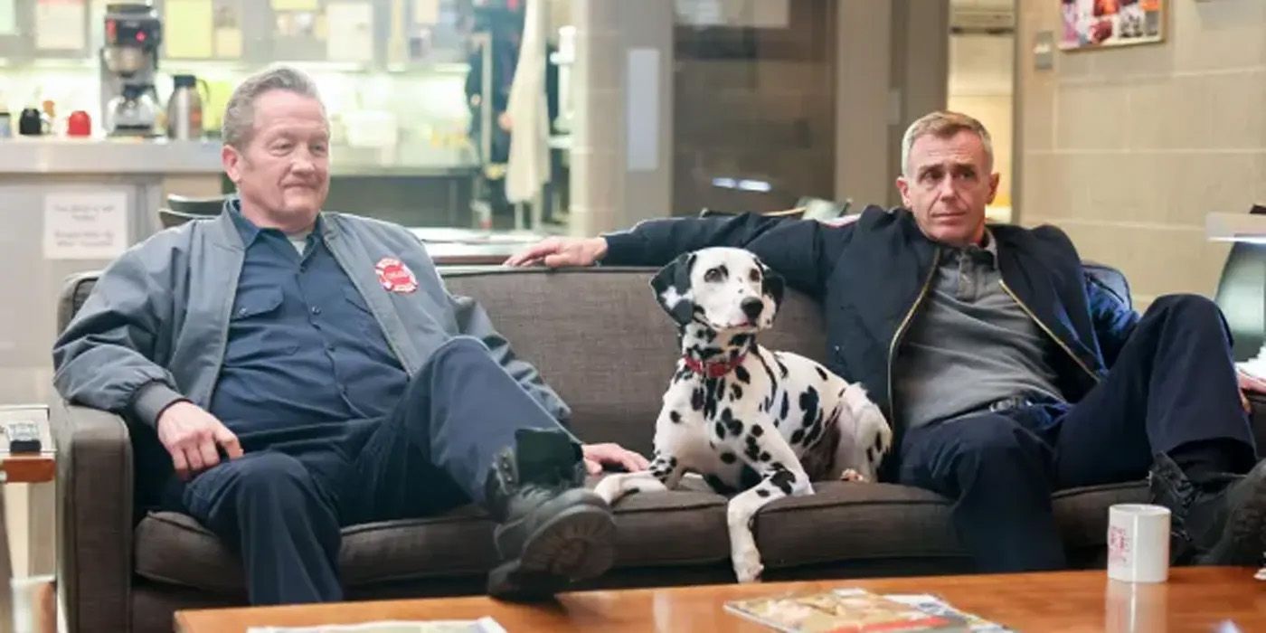 Christopher Herrmann and Mouch sitting on a couch in Chicago Fire