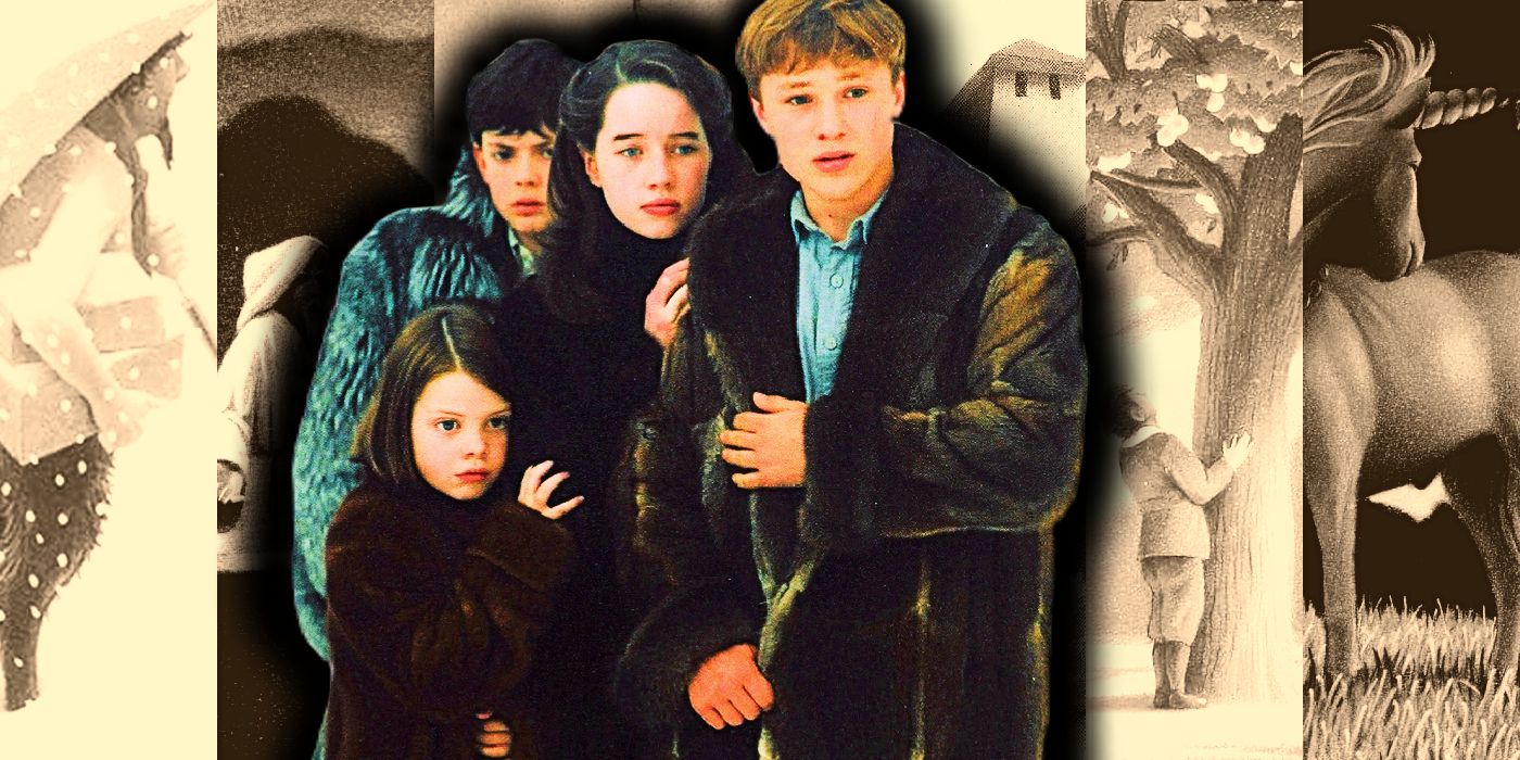 This image shows the Pevensie children looking scared from The Lion, the Witch, and the Wardrobe in front of the book covers with a sepia tone.