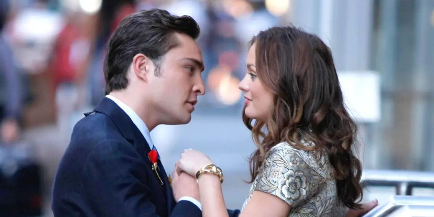 Chuck and Blair holding hands and looking into each other's eyes in Gossip Girl