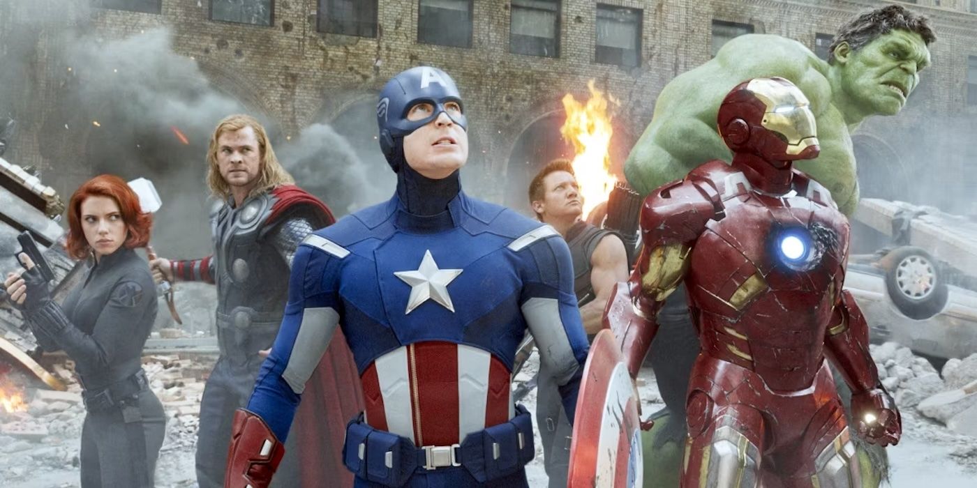 The original Avengers standing in a circle in the iconic team shot from 2012's The Avengers