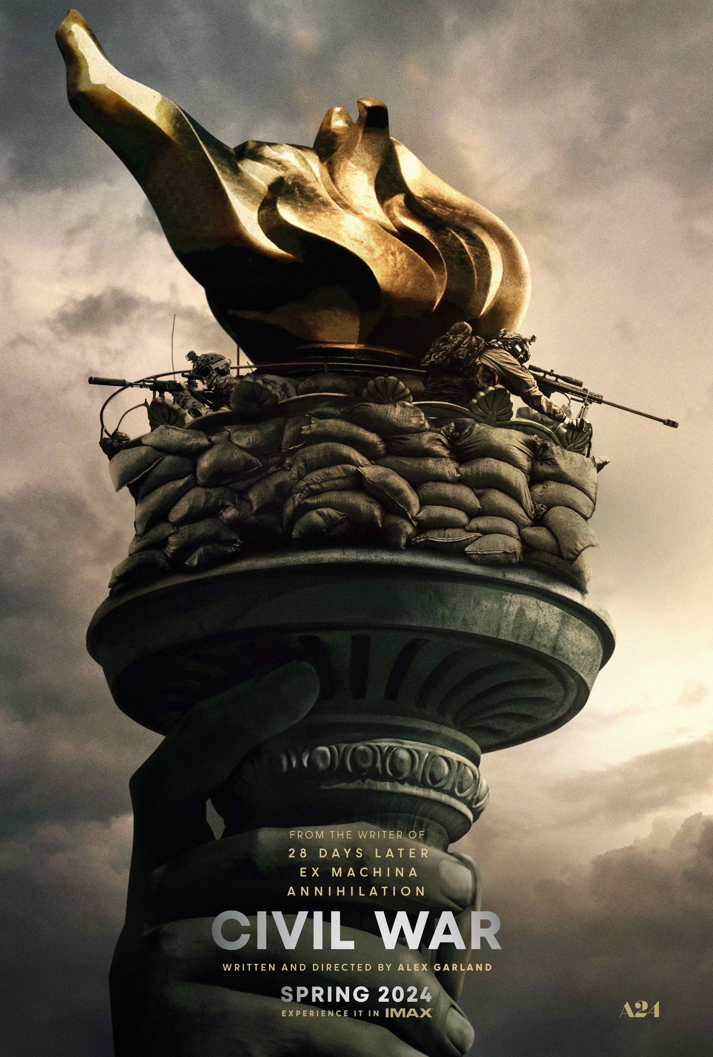 Civil War 2024 Movie Poster Featuring Fighters with Snipers Atop the Statue of Liberty