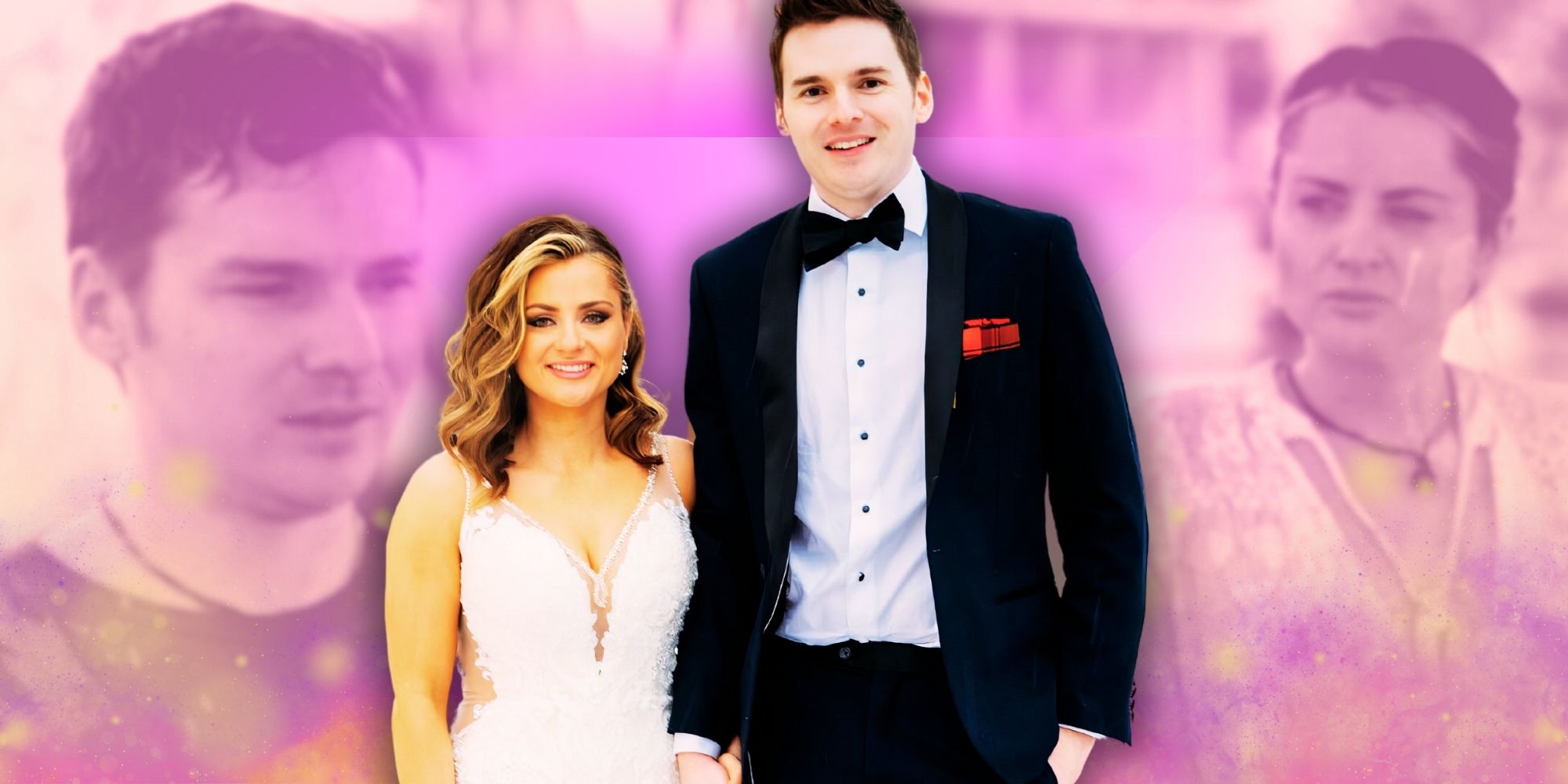 Clare Kerr and Cameron Frazer from Married at First Sight season 17 wedding photo and pink background photo montage