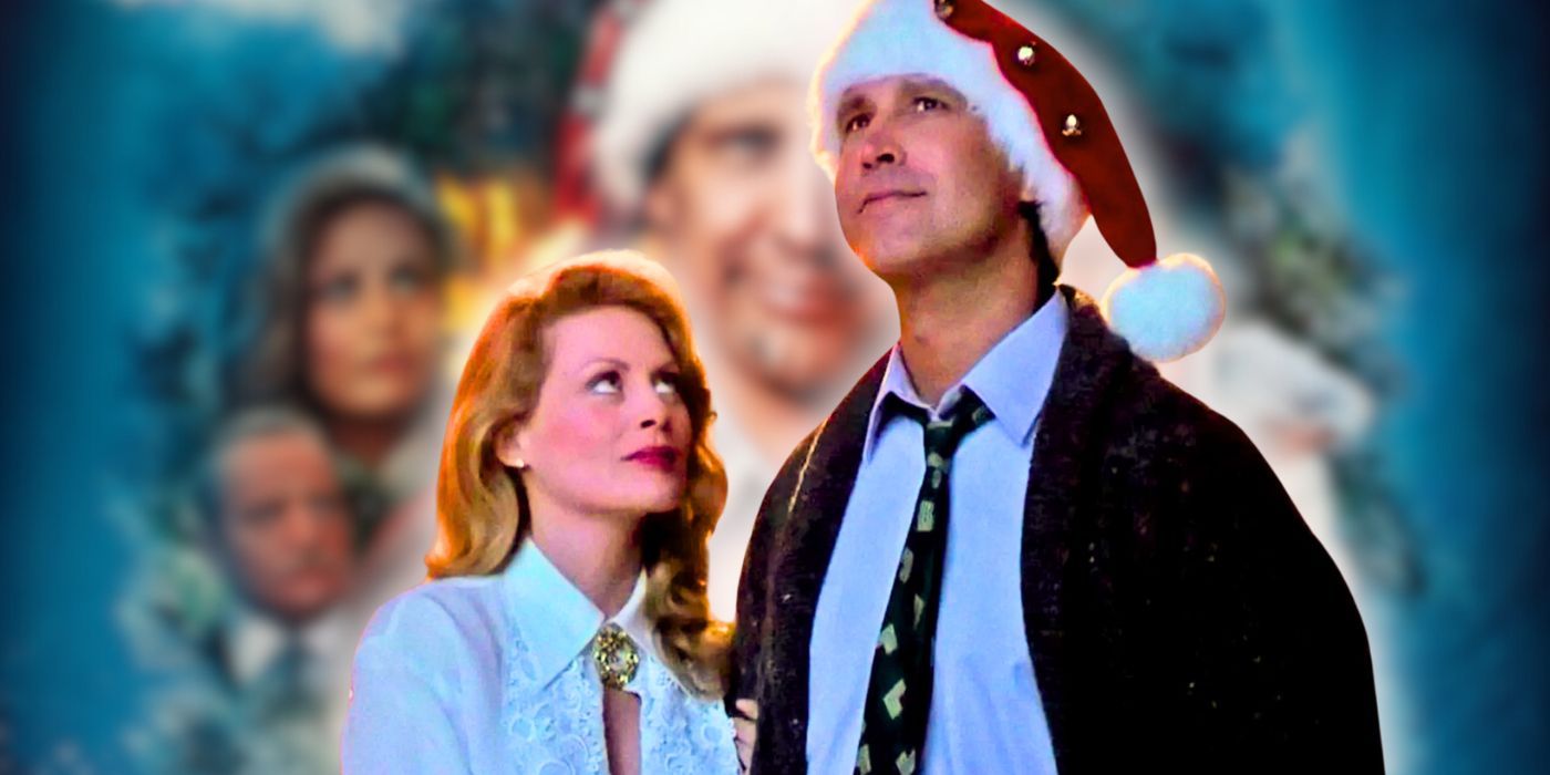 Clark and Ellen in National Lampoons Christmas Vacation with movie poster blurred in the background