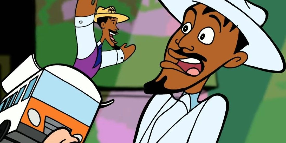 Class Of 3000 Sunny Bridges (voiced by André 3000) looking shocked at a smaller version of himself