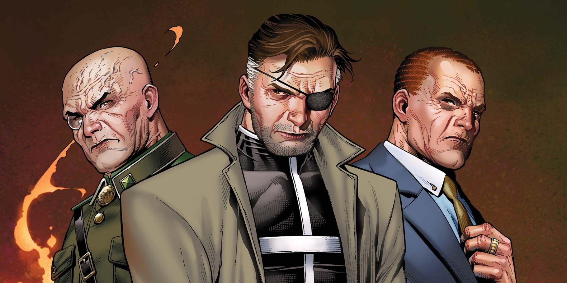 Nick Fury, Baron Strucker, and Norman Osborn pose with flames