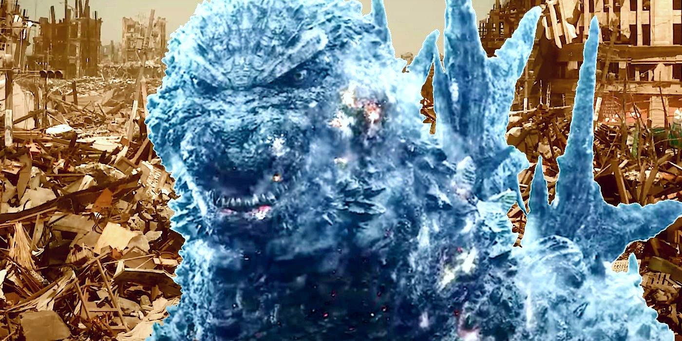 Close up of Godzilla surrounded by a city in ruins from Godzilla Minus One